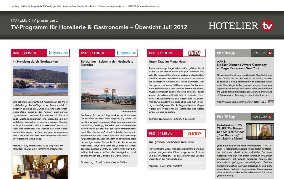 HOTELIER TV präsentiert: TV-Programm für Hotellerie & Gastronomie - Übersicht Juli 2012