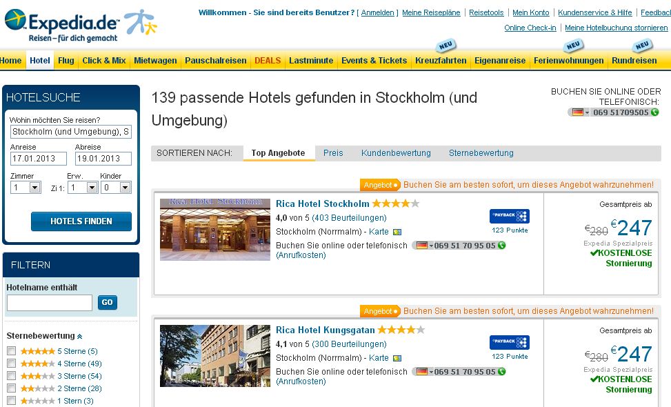 Hotelsuche bei expedia.com: 450 skandinavische Kettenhotels steigen aus