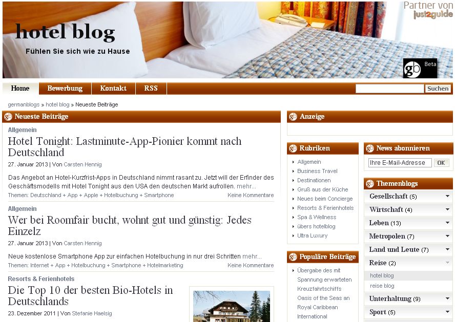 Immer wichtiger in der Onlinekommunikation: Reiseblogs (Screenshot: "Hotelblog" von germanblogs.de) sind Thema auf der ITB Berlin
