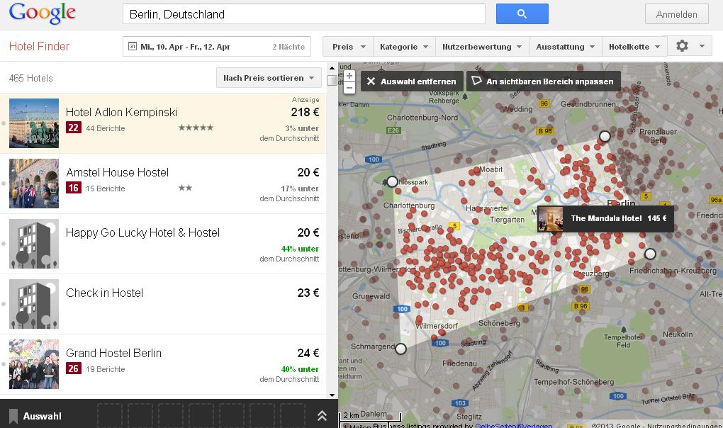 Google Hotel Finder - Auswahl Berlin