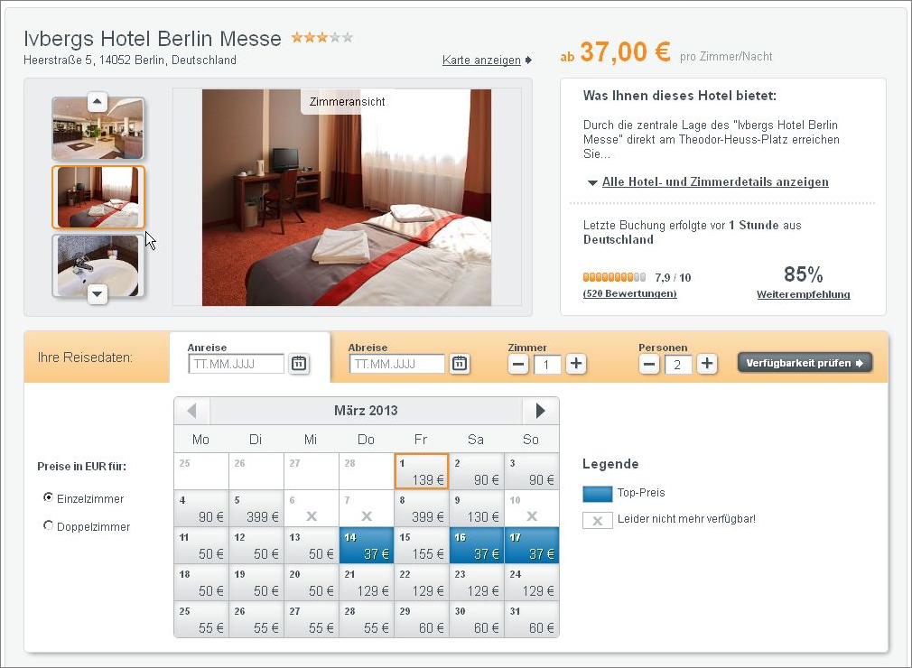 Der Preiskalender von hotel.de findet immer den passenden Preis