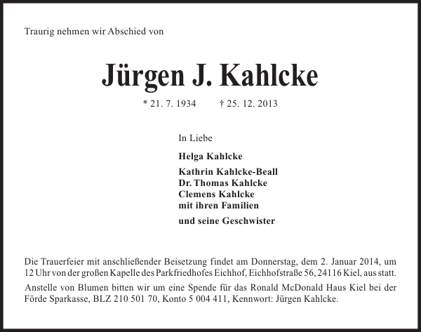 Jürgen J. Kahlcke - Traueranzeige